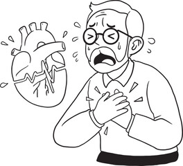 Middle-aged man experiencing severe chest pain and clutching his heart, with a cracked heart graphic symbol. Hand-drawn line art illustration for health, medical, or warning designs related to a heart