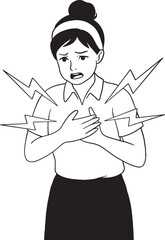 A woman experiencing severe chest pain, clutching her heart with a worried expression, symbolized by lightning bolts. Hand-drawn line art illustration for health, medical, or warning designs.