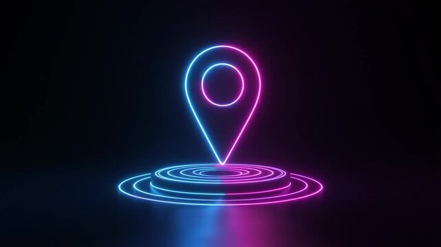 Neon map marker icon glows brightly on a dark background with concentric circles.