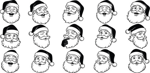 Santa Claus face icons, Christmas character expressions, festive beard mustache variations, holiday vector illustration set, seasonal design, winter celebration artSanta Claus face icons, 
