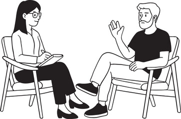 Therapy session with a female psychologist or counselor interviewing a male patient or client. The therapist is taking notes while the man is sitting in a chair and gesturing. Hand-drawn.