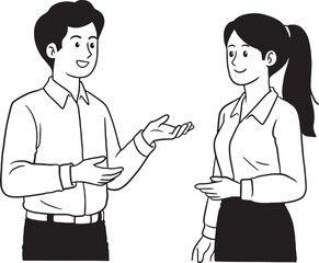 A man and woman standing and discussing a topic. Male and female colleagues, co-workers, or partners talking and gesturing with open hands. Hand-drawn line art illustration for business communication.