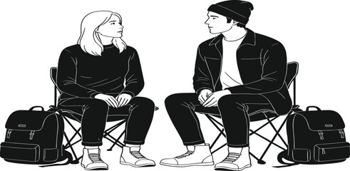 Silhouette illustration of two people sitting on foldable chairs with backpacks, casual outdoor conversation travel camping lifestyle vector design artSilhouette illustration of two people sitting on 