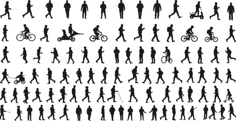 Silhouette people walking, running, cycling, pushing strollers, scooters, urban lifestyle activities, diverse human motion, interaction, fitness, recreation vector 