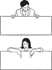 Set of two business people holding blank rectangular advertising signs or banners. A man holding a sign from above, and a woman pointing down at a sign below. Hand-drawn line art illustration.