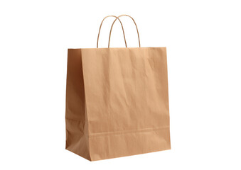 Shopping paper bag with handles, natural brown kraft material, clean retail packaging isolated on transparent background