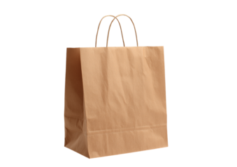 Shopping paper bag with handles, natural brown kraft material, clean retail packaging isolated on transparent background