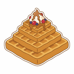 Delicious Stack of Waffles with Whipped Cream, Berries, and Syrup Topping Vector Illustration.