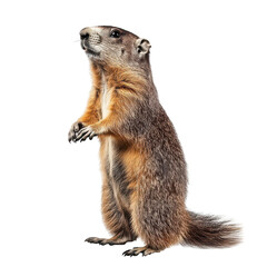 Fototapeta premium A standing groundhog with a fluffy fur coat. its curious expression against a plain white background. ideal for nature-themed projects or wildlife education materials