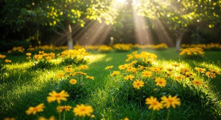 Obraz premium A vibrant garden scene with yellow flowers and sunlight filtering through the trees.