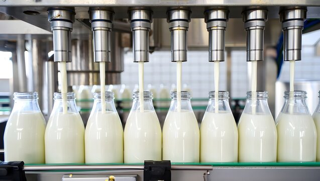 Automated bottling line filling rows of classic returnable glass milk bottles with perfect synchronized milk streams