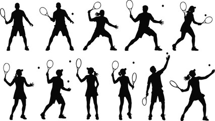 Obraz premium Tennis, silhouette, player, action, serve, forehand, backhand, sport, racket, motion, dynamic, athlete, pose, black, vector, isolated, competitive, game, swing, illustration