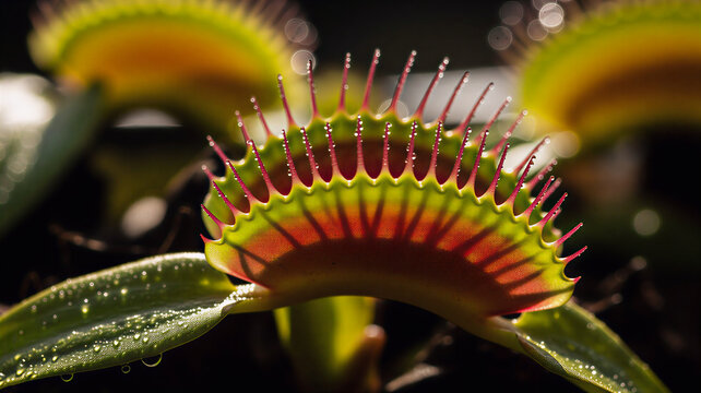 Macro image of a carnivorous plant with its trap open, captured in natural forest lighting with sharp organic detail and vivid texture