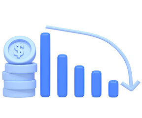 3D Render of Decreasing Bar Graph and Coins