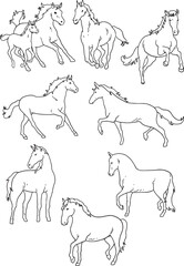 A collection of 9 realistic, detailed horse line art drawings in various dynamic poses, including running, trotting, standing, and a mare with her foal. Perfect for coloring books, outlines.