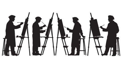 Artists Painting on Easels in Studio, Silhouette Illustration, Isolated on White Background