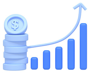 3D Render of Rising Bar Graph and Coins
