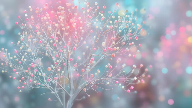 A tree with pink flowers, which are scattered throughout the branches. Gentle pastel tree decorated with tiny soft glowing spheres, clean bright modern background, pastel christmas tree background