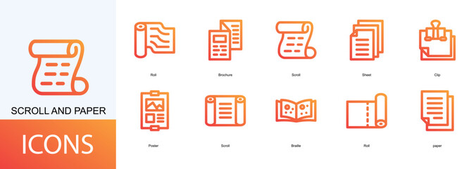 scroll and paper icon collection set. Containing Roll, Brochure, Scroll, Sheet, Clip, Poster icon