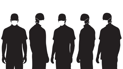 Silhouetted Men Wearing Surgical Masks and Caps Isolated on White Background