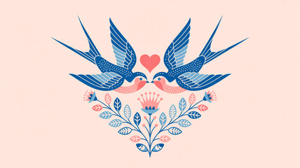 Obraz premium A stylized folk art illustration of two swallow birds in a heart-shaped composition.