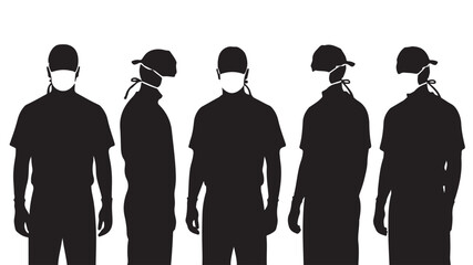 Silhouetted Men Wearing Medical Masks and Caps Isolated on White Background
