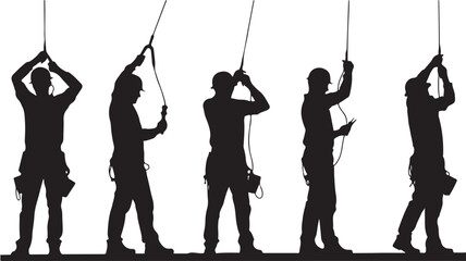 Silhouette of Men Pulling Ropes Isolated on White Background