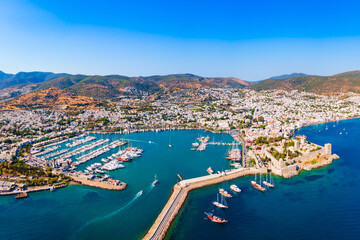 Bodrum beach and marina aerial panoramic view in Turkey