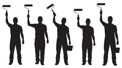 Painters Silhouettes Holding Paint Rollers Isolated on White Background