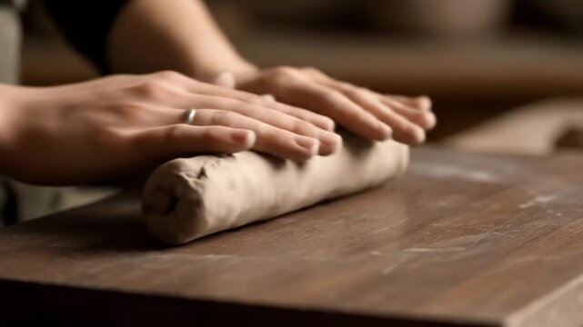 Hands shaping pottery clay into a cylindrical form on a rustic wooden table.