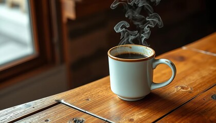 A ceramic mug of steaming coffee sits on a rustic wooden table, wood grain, beverage