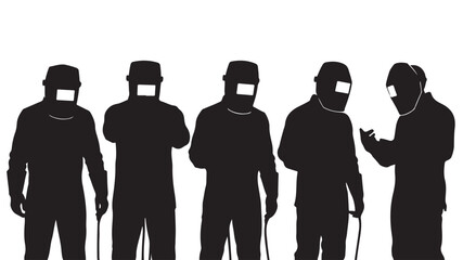 Silhouetted Workers Wearing Protective Masks and Helmets Isolated on White Background