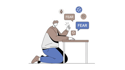 Illustration depicting a person overcome with fear and negative thoughts about problems