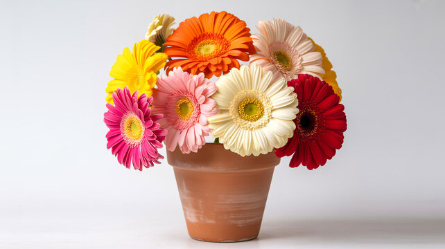A vib.rant still life photograph of a terracotta clay pot containing six colorful gerbera daisies against a pure white backgroun