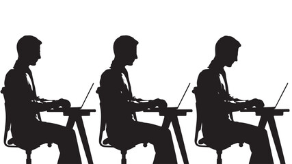 Businessman Working on Laptop in Three Different Postures Silhouette