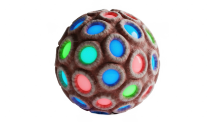 A uniquely textured brown egg with colorful glowing oval shaped inserts in vibrant blue green and pink isolated on transparent background