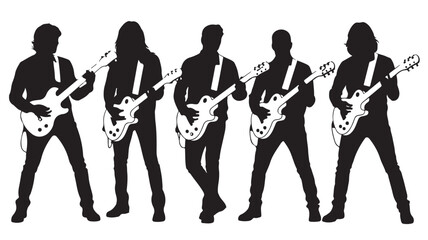 Rock Band Silhouettes Playing Electric Guitars Isolated on White Background