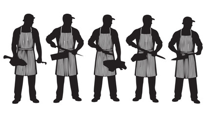 Five Craftsmen Standing with Tools Wearing Aprons Isolated on White Background