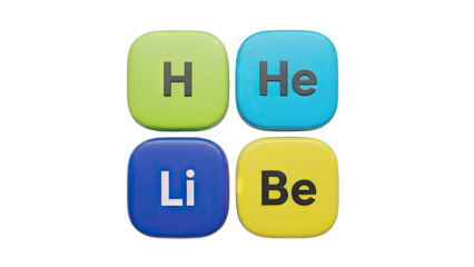 Four Colorful Square Blocks Representing Chemical Elements Hydrogen Helium Lithium Beryllium With Transparent Background