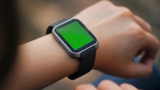 Close-up of a modern wearable smart device on a person's wrist, featuring a customizable vibrant green screen display for digital content integration or motion tracking purposes