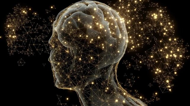 A head with a lot of lines and dots surrounding it. Glowing mind icon inside geometric ai network pattern soft lines modern minimal composition ai driven mental health tools