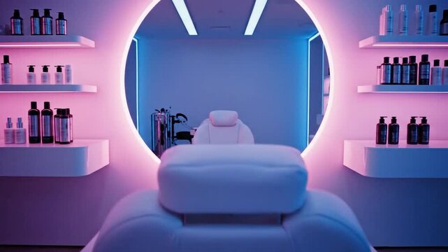 Modern beauty salon interior with illuminated mirror and products
