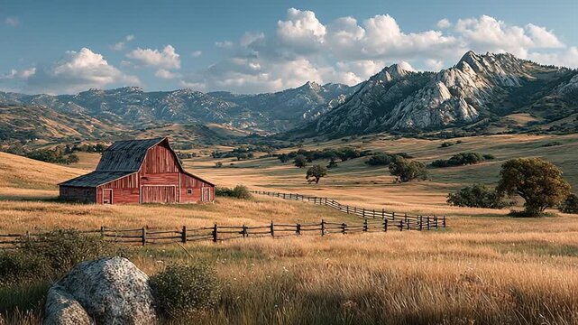 Scenic rural landscape with barn and mountains