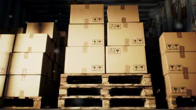Stacked cardboard boxes on pallets in a dark storage warehouse.