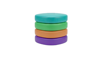 Four Stacked Round Plastic Food Storage Containers in Teal Green Orange and Purple with Transparent Background Clean Design and Simple Shapes