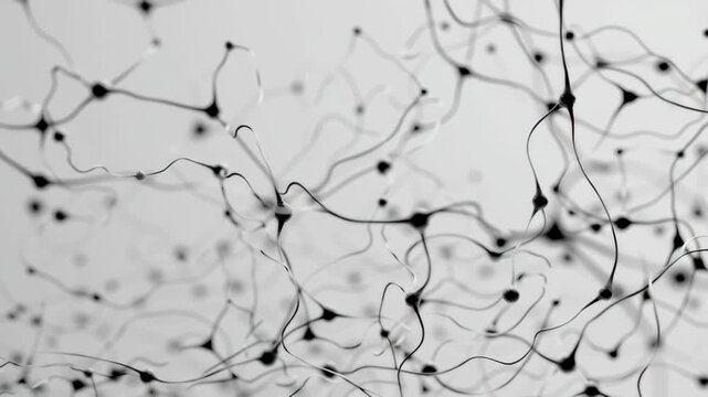 The image is a black and white photo of a bunch of small black dots. Floating neural connections forming simple shapes, mental clarity symbolism, ai driven mental health tools