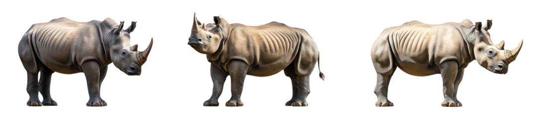 Fototapeta premium A trio of stylized rhinoceroses different poses and angles. highlighting their unique features and textures. set against a neutral background for artistic emphasis