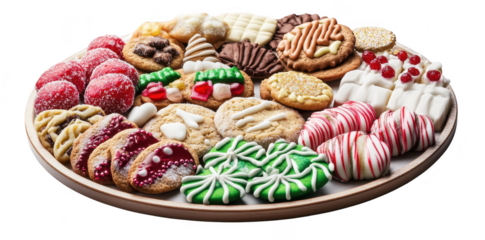 A beautifully arranged platter of assorted festive cookies. a variety of shapes. colors. and textures. perfect for holiday celebrations and gatherings. with a clean white background emphasizing the tr