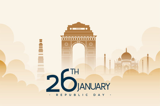 26th indian republic day background with heritage monuments silhouette and clouds