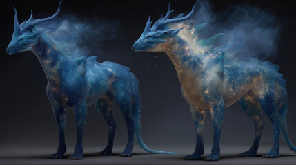 Pair of Blue Dragon-Horse Fantasy Creatures with Cosmic Glow and Luminous Horns, Symmetrical Stance on Dark Background